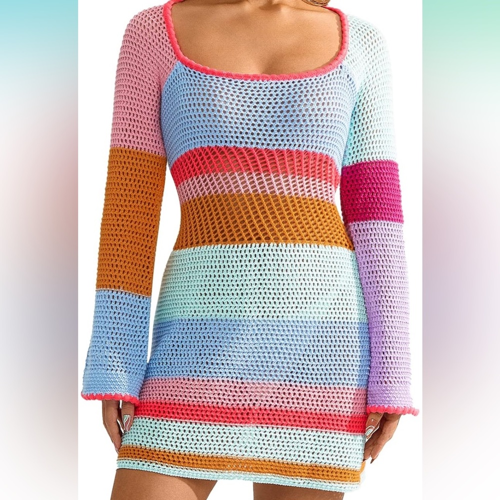 Colorful Striped Crochet Swim coverup
